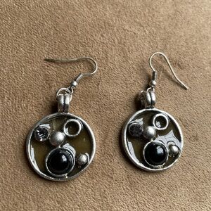 Round Silver and Black Earrings